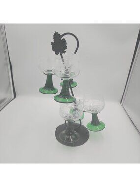 Vintage Luminarc France Etched Grapevine Ribbed Green Stem Wine Glasses 6 Stand